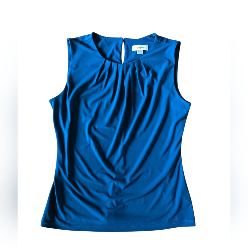 Calvin Klein Draped Sleeveless Blouse Keyhole Back Teal Size S